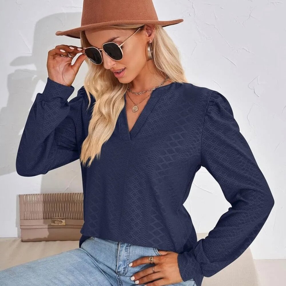 Women's top, shirt, casual shirt, bubble long sleeved waistband, V-neck
